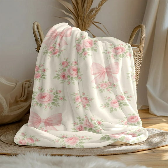 1pc Extra Large Flannel Blanket - Heavyweight 280GSM Soft Pink Roses, Green Leaves & Bows - All-Season Luxury Bedspread, Sofa Throw, Carpet - Elegant Floral Decor for Home, Travel, Gifts - Cozy Warmt