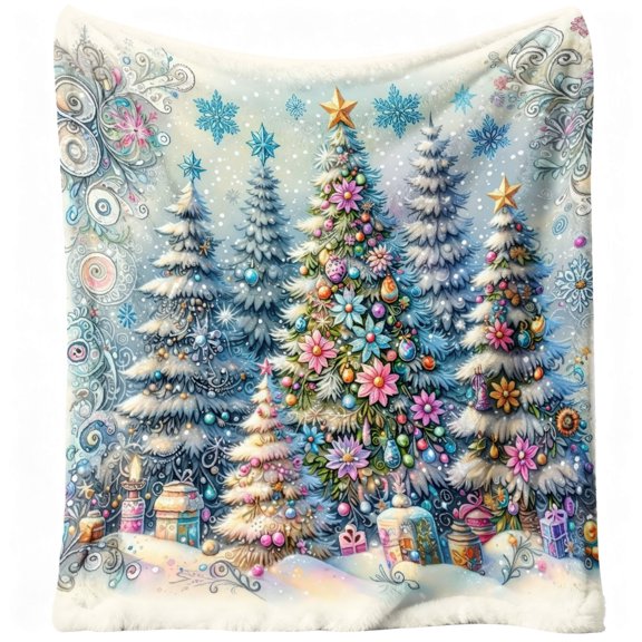 1pc Extra Large Flannel Blanket - Soft Warm Winter Snowy Christmas Tree Design with Pastel Pink, Blue, Green, Golden, White, Purple - All-Season