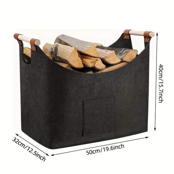 1pc Extra Large Foldable Felt Firewood Basket, Heavy Duty with Reinforced Handles - Multi-use Storage - Dark Grey