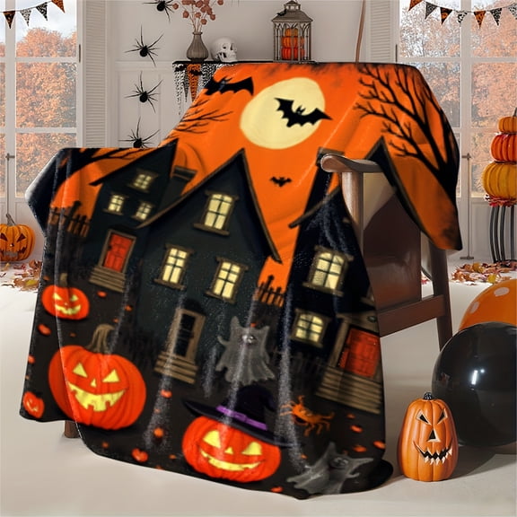 1pc Extra Large Plush Gothic Victorian Vampire Mansion & Jack-O-Lanterns Fleece Blanket - Thick All-Season Soft Cozy Throw for Couch, Bed, Sofa - Spooky Black & Golden Design with Bats, Witches & Cob