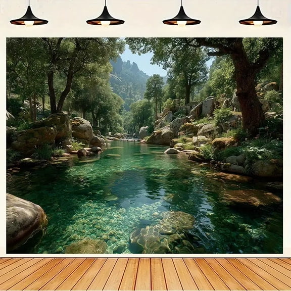 1pc Extra Large Realistic Turquoise Lake Forest Tapestry - Large Wall Mural with Lush Greenery, Mountain & Water Backdrop - Green Waters Nature Scene Wallpaper Replacement for Living Room, Bedroom