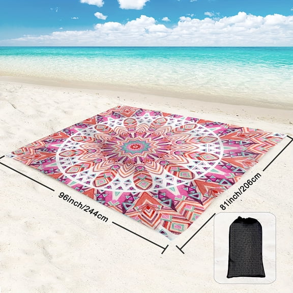 1pc Extra Large Sand-Free Beach Mat Bohemian Beach Blanket with Corners and Mesh Pockets for Beach Parties, Travel, Camping, and Outdoor Music Festivals, Orange and Pink Mandala Feather Beach Towel