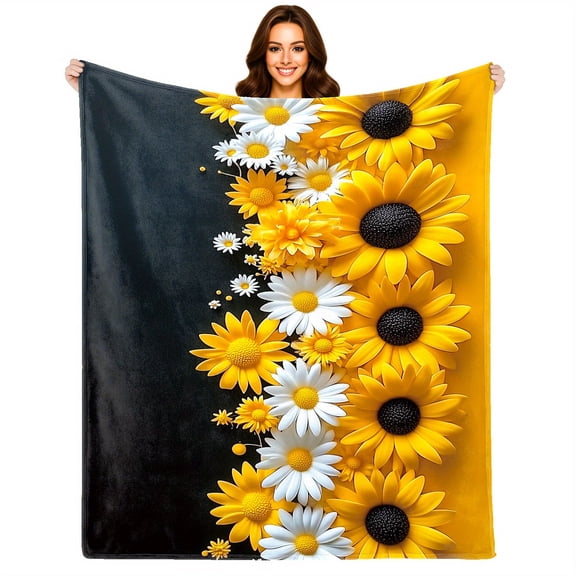 1pc Extra Large Sunflower Floral Throw Blanket - Heavy-Duty Flannel Sofa Bedspread, Machine Washable & Fade Proof - All-Season Soft Warmth for Living Room, Bedroom