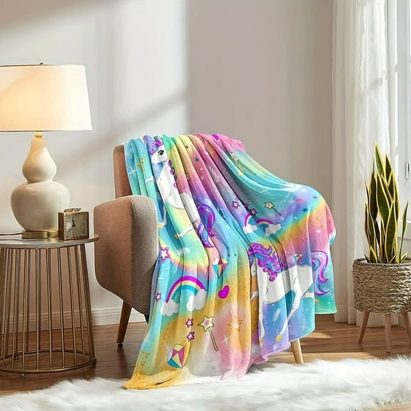 1pc Extra Large Unicorn Blanket, Contemporary Style Polyester Throw with Rainbow, Stars, and Clouds Design, Multipurpose for Bed, Sofa, Camping, Chair, Room Decor, Office