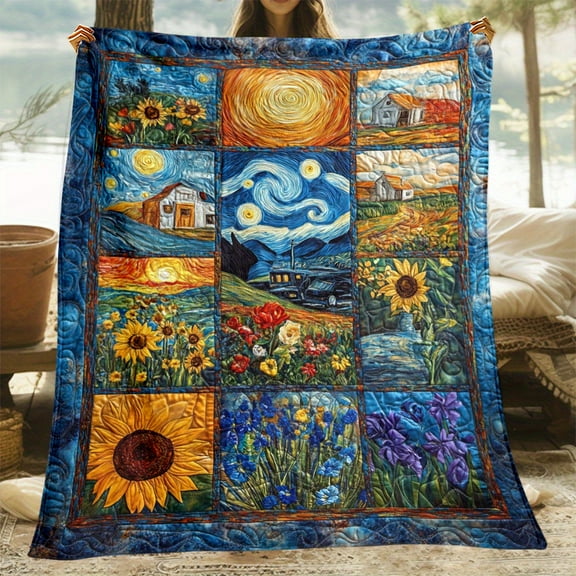 1pc Extra Large Van Gogh Starry Night & Sunflowers Throw Blanket - Soft Flannel Bedspread - Lightweight All-Season Decorative Couch Cover - Home, Travel, Camping - Post-Impressionist Art Gift