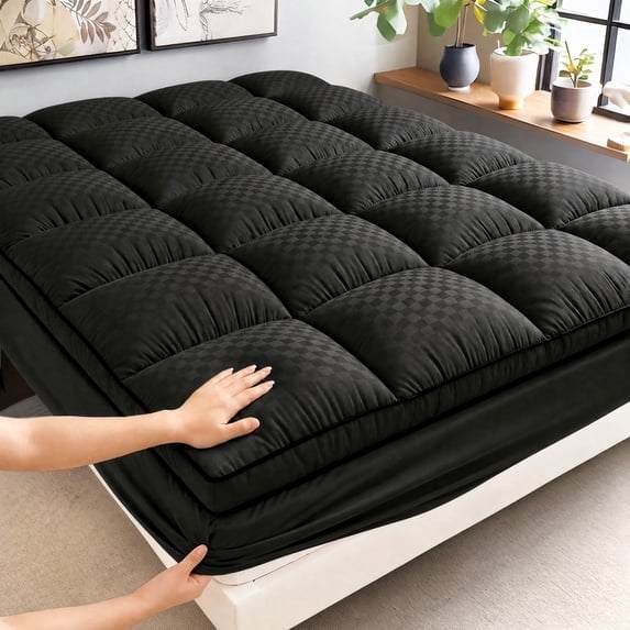 1pc Extra Thick Quilted Fitted Sheet, Grid Stitched Mattress Protector, Non-Slip Full Enclosure Bed Cover, All-Season(BLACK,CK)