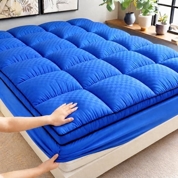 1pc Extra Thick Quilted Fitted Sheet, Grid Stitched Mattress Protector, Non-Slip Full Enclosure Bed Cover, All-Season(BLUE,CK)