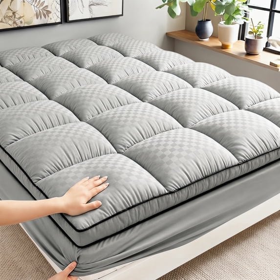 1pc Extra Thick Quilted Fitted Sheet, Grid Stitched Mattress Protector, Non-Slip Full Enclosure Bed Cover, All-Season(GRAY,CK)
