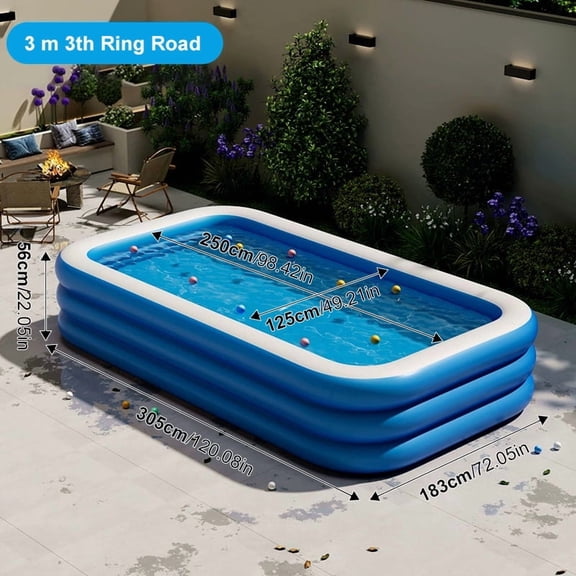 1pc Extra Thick & Tall 3-Ring Portable Inflatable Swimming Pool for Adults, Blue & White, Durable PVC Material, Foldable Design for Summer Outdoor Fun, Backyard Water Park, Pool Floats
