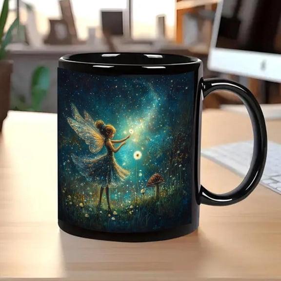 1pc Fairy Magical Mug with Glowing Florals 11oz Fantasy Cup Coffee Tea Birthday Christmas Gifts Elegant Fairy Design in Black Blue Durable Ceramic Home Office or Kitchen Decor Ideal Women Teens Fairy