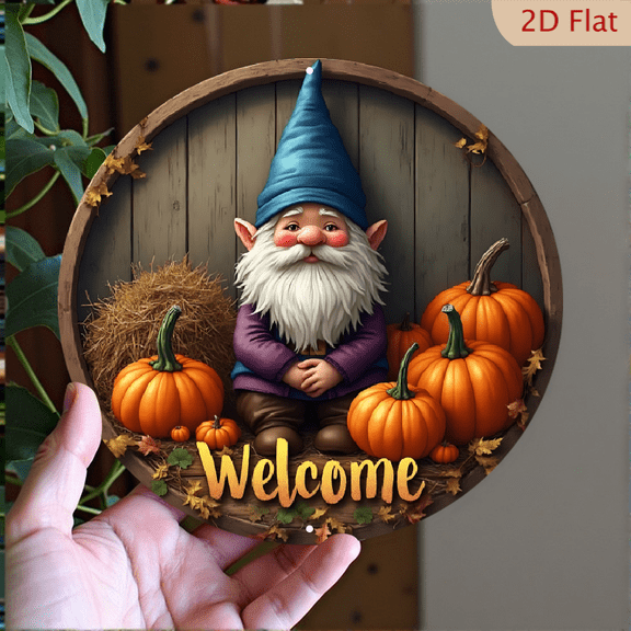 1pc Fall Gnome Metal Wall Decor - Cute Gnome with Pumpkins & Hay Bale, "Welcome" Text, 8x8 Inch Round Aluminum Sign for Indoor/Outdoor - Autumn Harvest Decor, Farmhouse Wall Art