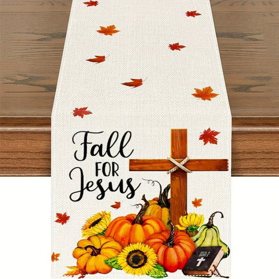 1pc Fall for Jesus - 100% Linen - Rectangular - Autumn Harvest Pumpkin & Grapes Design - Woven - Table Runner - for Thanksgiving Home & Party Decor 13x72 inches