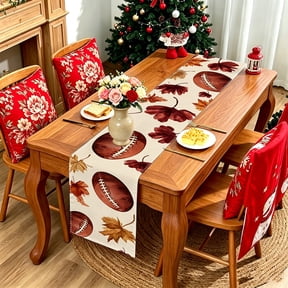1pc Fall Maple Leaf Football Pattern Table Runner, Polyester Sports Decor (13x48/13x70/13x108in), Seasonal Home Decor