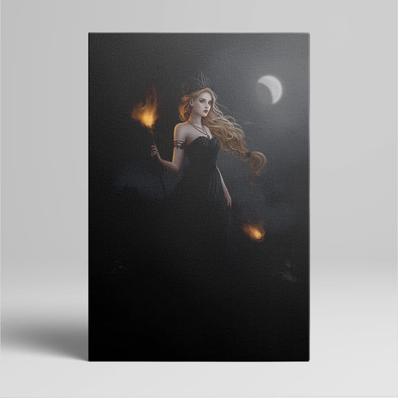 1pc Fantasy - themed Canvas Painting of a Queen - like Figure with Torches under a Crescent Moon, framed Decor room hanging Wall Picture Decor for Home Gifts, living room, bathroom, bedroom, kitchen