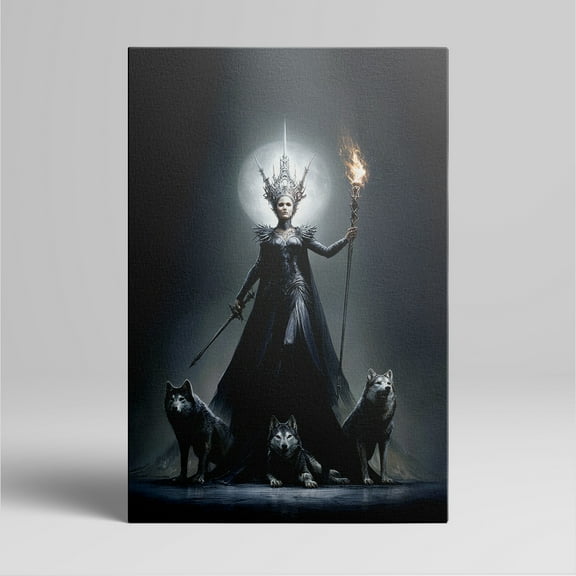 1pc Fantasy - themed Canvas Wall Art of a Mysterious Queen with Wolves, Holding a Flaming Torch and a Sword, framed Decor room hanging Wall Picture Decor for Home Gifts, living room, bathroom,
