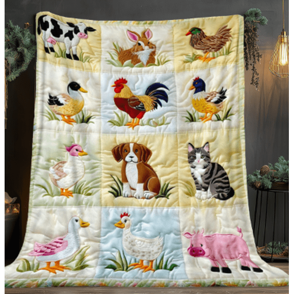 1pc Farm Animal Quilt BlanketHeavyweight Soft Flannel Throw with Cow Chicken Pig Sheep Horse Duck Goose Turkey Rabbit, All-Season Cozy Bedspread for Couch Camping Travel, Multiple Sizes Available