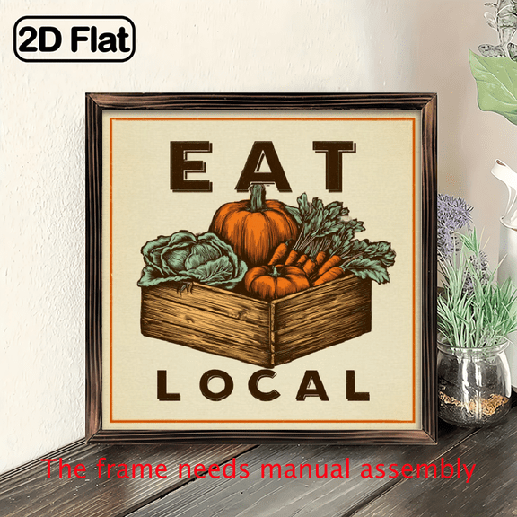 1pc Farm-to-Table Decoration - Vintage Eat Local Design with Produce Crate Art - Beige Brown Rustic Kitchen Decor, Artificial Wood Tabletop Wall Decor for Home.