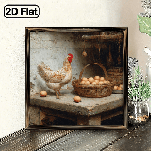 1pc Farmhouse Chicken Eggs Wall Art - Rustic Brown Rooster Painting in Wooden Frame, 8x8 Inch Decorative Plaque for Kitchen, Dining Room, Country Home Decor - Easy Mounting Hardware Includ