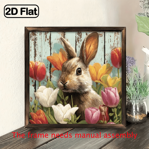 1pc Farmhouse Easter Bunny Decorative Sign Bunny By Tulips Painting Art Wooden Sign 8x8 Inch, Framed, Perfect Easter Gifts for Friends, Suitable for Bedroom, Porch, Cafe, Bar, Garage