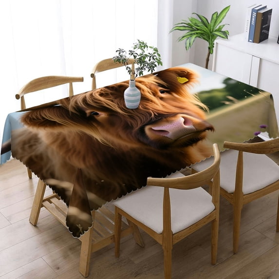 1pc Farmhouse Floral Highland Cow Print Rectangular Tablecloth, Kitchen ...