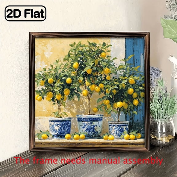 1pc Farmhouse Lemon Tree Wooden Wall Art - 8x8 Inch Rustic Frame Sign with Vibrant Yellow Lemons, Blue White Ceramic Pots, Durable Wood Frame for Home - Ideal Spring Summer Gift, Kitchen Wall Decor