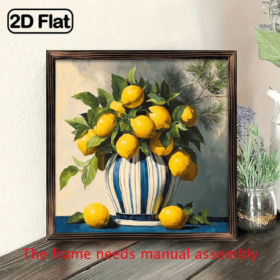 1pc Farmhouse Lemon Vase Still Life Wall Art - Rustic Wood Frame with Lemon Foliage Still Life - 8x8 Inch Framed Picture for Farmhouse Kitchen,, Office Decor - Lemon Vase Centerpiece, Holiday Gift