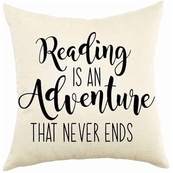 1pc Farmhouse Pillow Covers with Reading is an Adeventure Quote 18" x 18" Lumbar Pillow Covers with Saying Book Lovers Gifts Family Room Décor