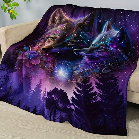 1pc Fashion Blanket, Wolf Star Print Flannel Blanket, Soft Warm Blanket Nap Blanket, Sofa Sofa Office Bed Camping Trip, Multi-Purpose Gift Blanket for All Seasons
