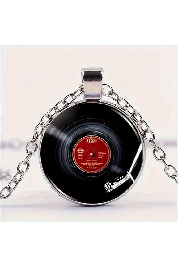 1pc Fashion Record Glass alloy Pendant Necklace, for Men And Women,Silvery