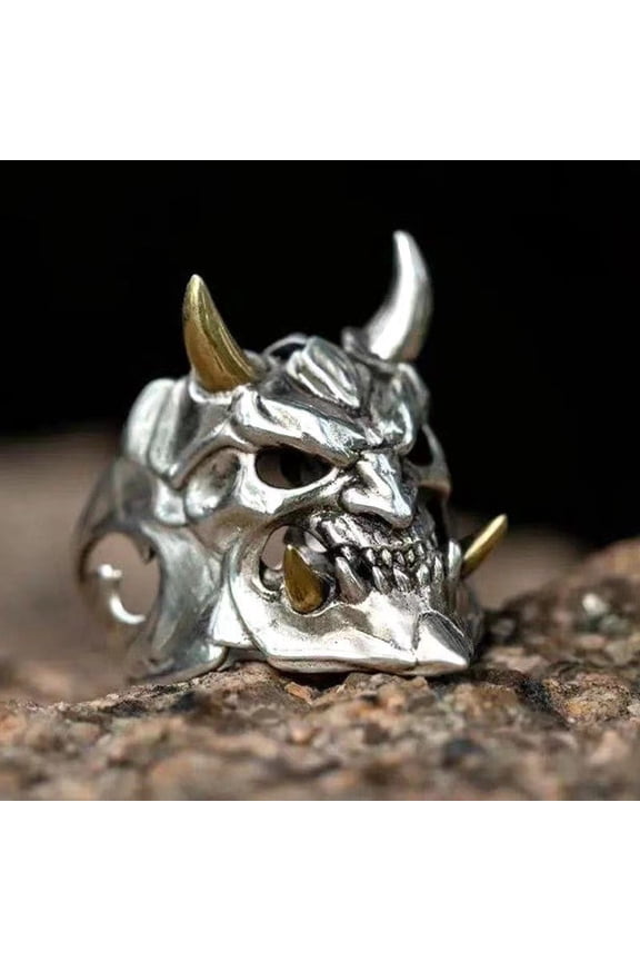1pc Fashion Trend Fancy Two-Tone Prajna Mask Open Ring Street Style Unisex Horn Skull Ring