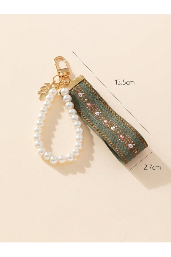 1pc Fashion Woven Ribbon Faux Pearl Decor Keychain Car Accessories Bag Charm Pearl Cute Goth Y2k Perfect For Valentine's Day