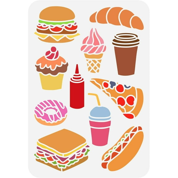 1pc Fastfood Stencil 8.3x11.7inch Reusable Hamburger Sandwiches Cheese Donuts Bread Cake Tomato Sauce Cola Coffee Pattern Template
