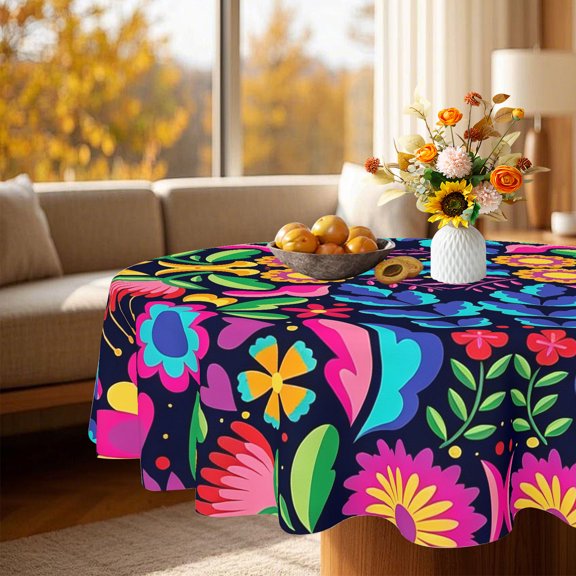 1pc Festive Fiesta Botanical Floral 2D Printed Round Tablecloth, Bright Flower Cover for Garden Kitchen Parties, Versatile Christmas Holiday Gift for Party Decor Enthusiasts