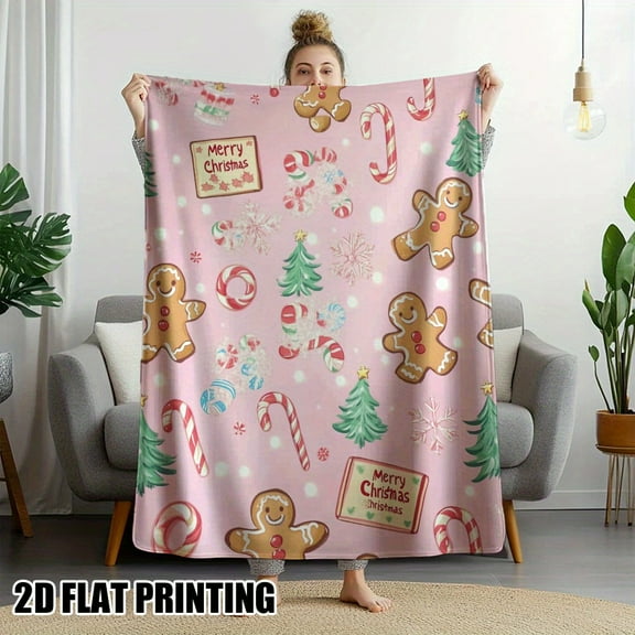 1pc Festive Gingerbread & Candy Cane Printed Flannel Throw Blanket - Cozy Pink Christmas Design with "Merry Christmas" Sign, Perfect for Living Room, Bedroom, or Outdoor Relaxation - All-Season Comfo
