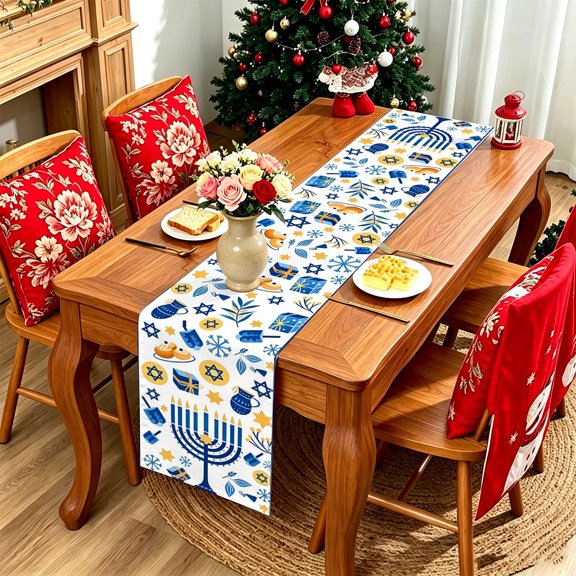 1pc Festive Jewish Hanukkah Elements 2D Printed Table Runner, Rosh Hashanah Table Photoshoot Backdrop, Gift for Jewish Families Thanksgiving Christmas