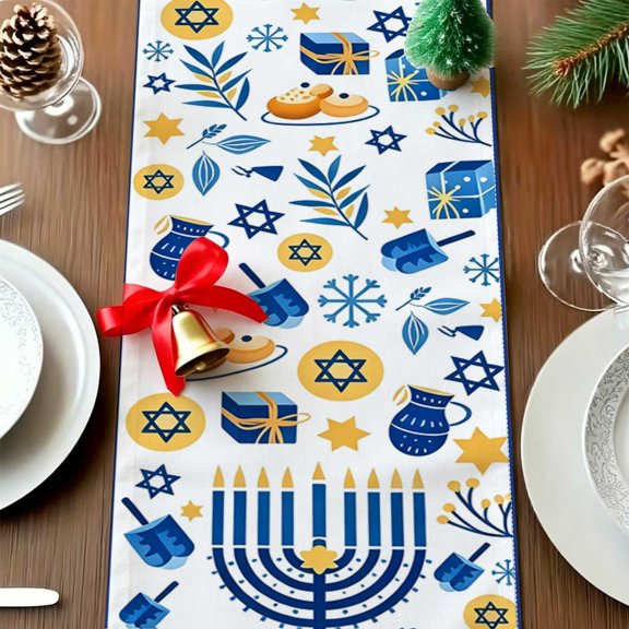 1pc Festive Jewish Hanukkah Elements 2D Printed Table Runner, Rosh Hashanah Table Photoshoot Backdrop, Gift for Jewish Families Thanksgiving Christmas