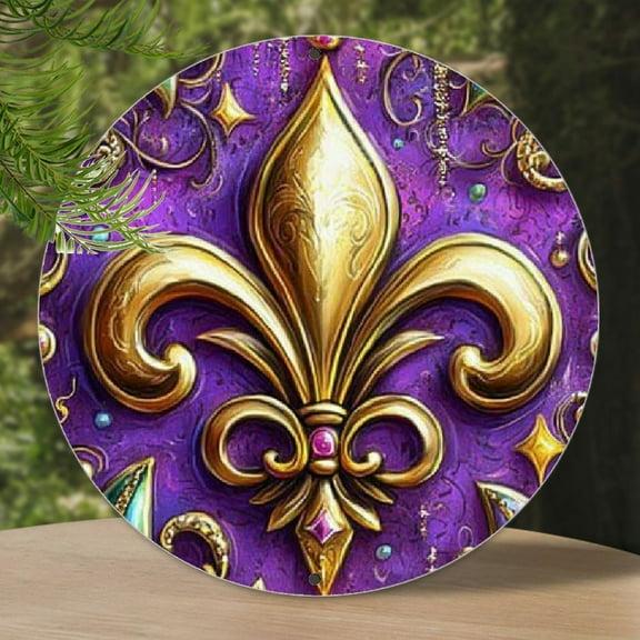 1pc Festive Mardi Gras Aluminum Metal Sign - Vibrant Purple & Green with Fleur-de-Lis Design, Ideal for Home & Garden Wall Art Decor, Outdoor Yard & Porch Welcome Sign