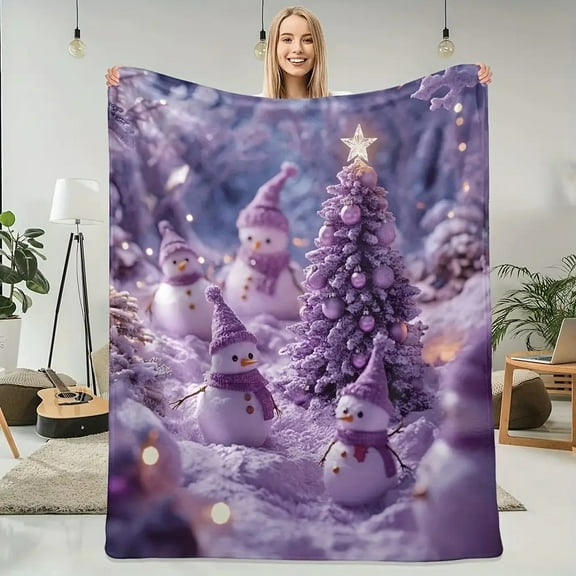 1pc Festive Purple Snowmen & Christmas Tree Flannel Blanket - Soft Polyester, All-Season Cozy Throw for Sofa & Naps, Christmas Decor
