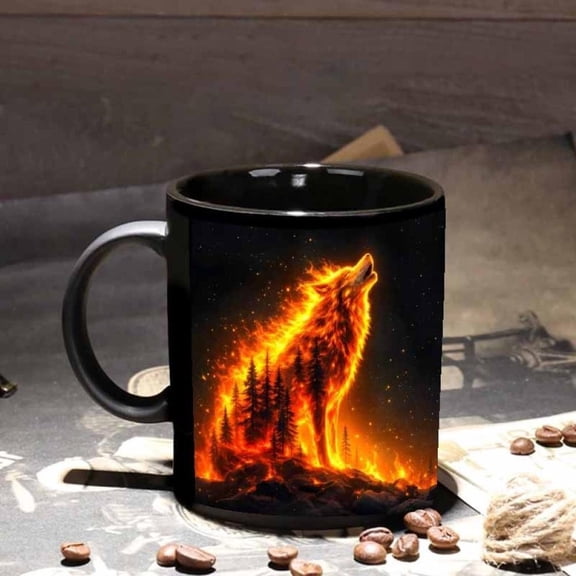 1pc Fiery Red Wolf Howling at Moon Ceramic Mug Vibrant Orange Black Design Coffee Tea and Milk Ideal Family Friends and Relatives Coffee Bar Accessori