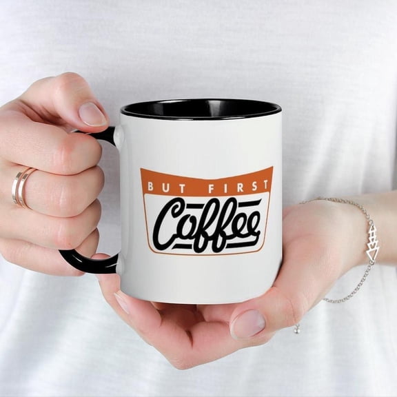 1pc But First Coffee Mug 11oz White Ceramic Coffee Cup with Black Handle But First Coffee Design Heat Resistant Hot Cold Drinks Durable Reusable Cup H