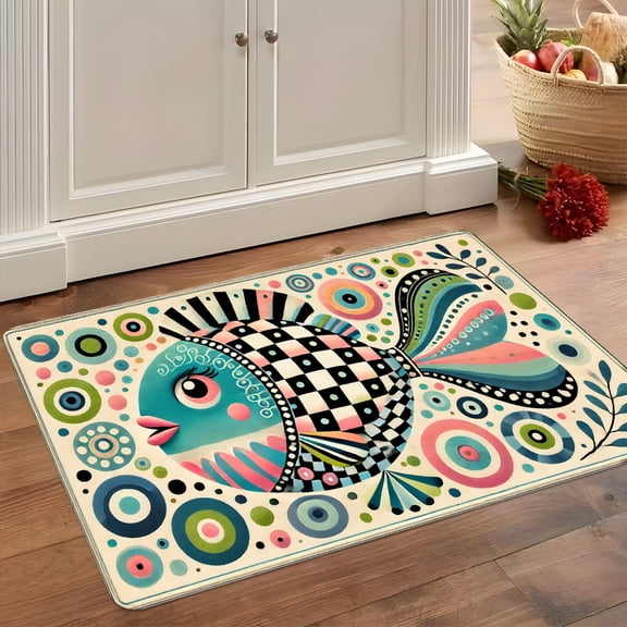 1pc Fish Bath Mat Suitable for Bathroom Shower Tub Entryway - Non-Slip Quick-Dry Machine Washable Soft Flannel Rug with Colorful Fish Patchwork, Indoor/Outdoor