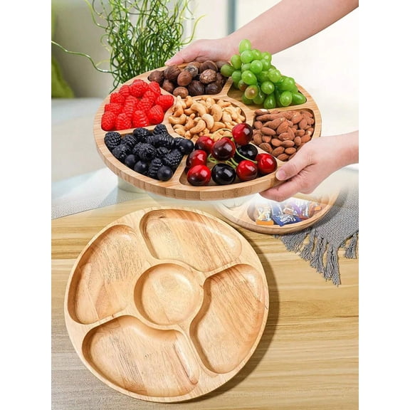 1pc Five-Compartment Round Wooden Serving Tray, Divided Snack Platter for Dried Fruits, Tea, Nuts, Appetizers, Perfect for Home, Hotel, Restaurant, Wedding Party & Kitchen Table Decor