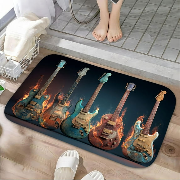 1pc Five Electric Guitars on Fire Absorbent Non-Slip Bathroom Thickened Flannel Rug Decor,Soft,Quick Drying,Suitable For Indoor/outdoor Use,Bathrooms,Bedrooms,Kitchens,Terrace,Laundry Rooms,16"x24"