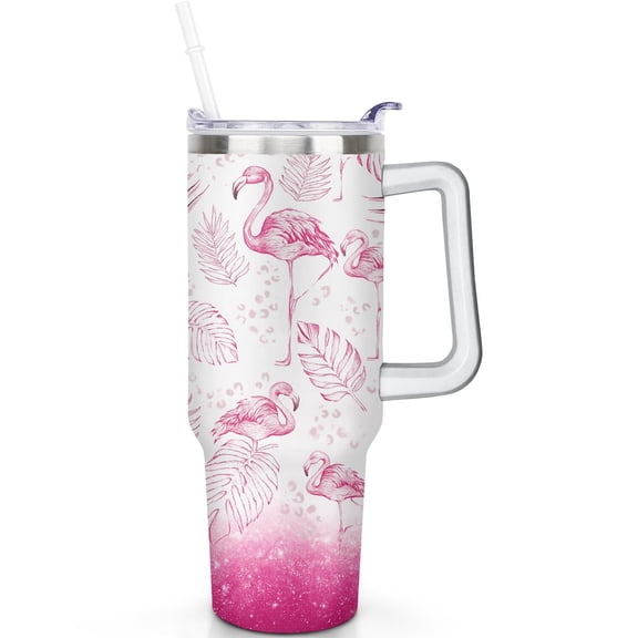 1pc Flamingo 40oz Tumbler with Straw & Handle - Insulated Stainless Steel Cup | Holiday Gift for Man Women (Christmas, Valentine's, Birthday)