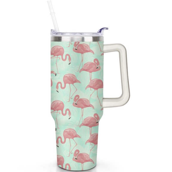 1pc Flamingo 40oz Tumbler with Straw & Handle - Insulated Stainless Steel Cup | Holiday Gift for Man Women (Christmas, Valentine's, Birthday)