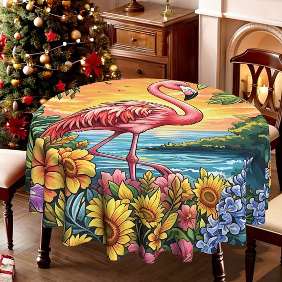1pc Flamingo Sunflower Print Round Table Cover, Summer Solstice Tablecloth, Decor Cover for Summer Theme Casual Home Celebrations, 35/49/60/71 Inch