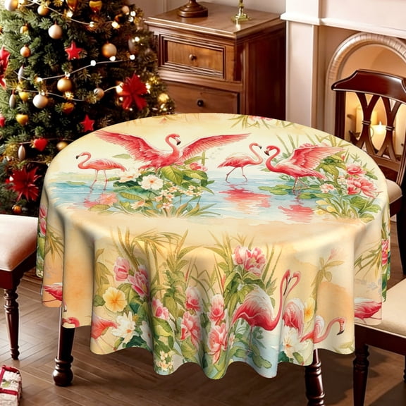 1pc Flamingo Tropical Floral Print Round Table Cover, Picnic Season Tablecloth, Lightweight Cover for Summer Theme Small Party Decor, 35/49/60/71 Inch
