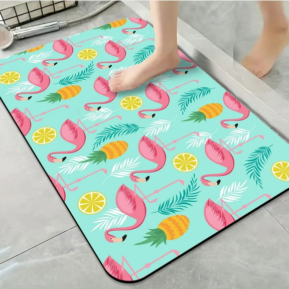 1pc Flamingo with Tropical Fruits Bathroom Rug Bathroom Decor and Accessories- Durable,Anti Slip,And Quick Drying,Suitable For Bathrooms,Bedrooms,Kitchens,And Laundry Rooms - Washable Bathroom Mat