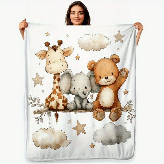 1pc Flannel Animals Print Blanket - Giraffe, Elephant & Teddy Bear Bedspread, Soft Lightweight Bed Cover Room, All-Season Cozy Bedding, Easy Foldable Storage
