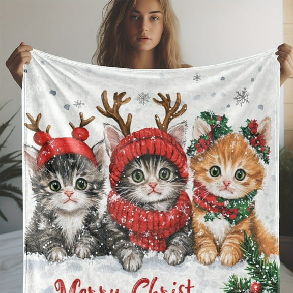 1pc Flannel Blanket, Christmas Three Kittens Print Blanket, Warm, Comfortable and Soft Blanket, Suitable for Sofa, Bed, Sofa, Car, Office, Camping, Travel, Gift Blanket Suitable for All Seasons
